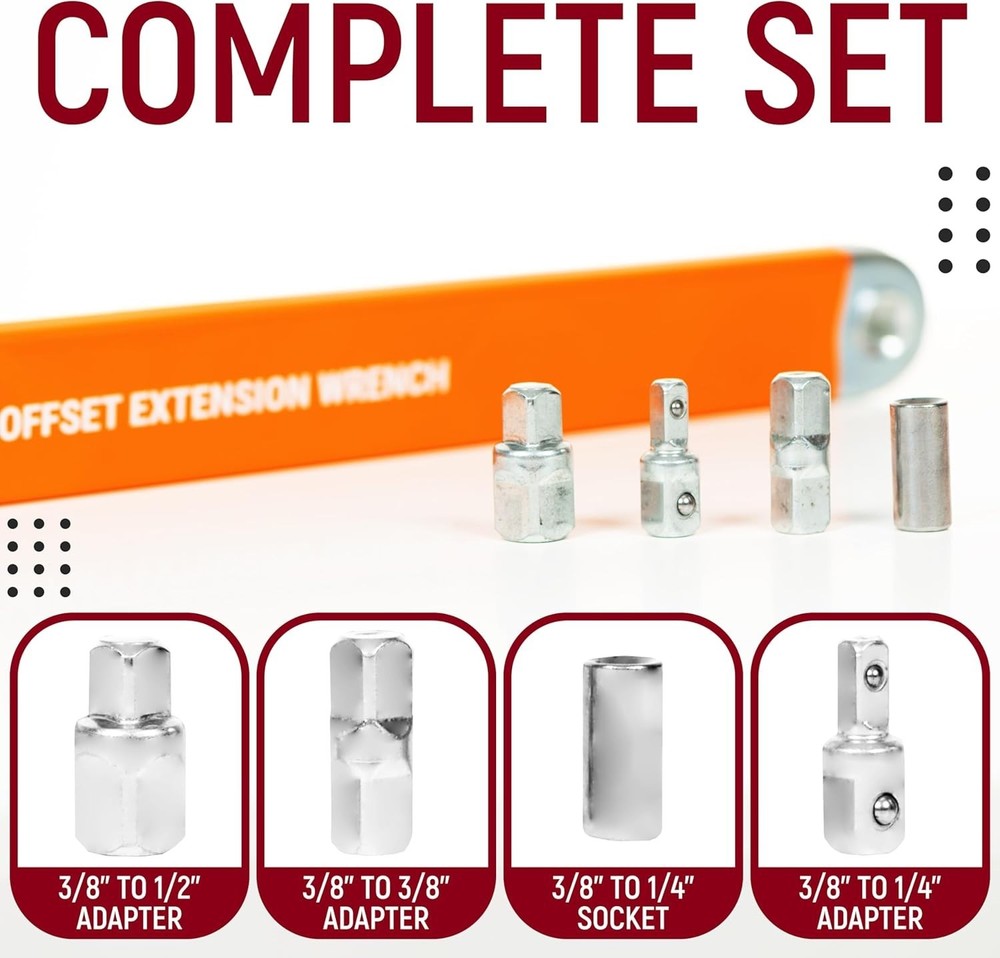 Professional Offset Extension Wrench with Adapters for Tight Spaces
