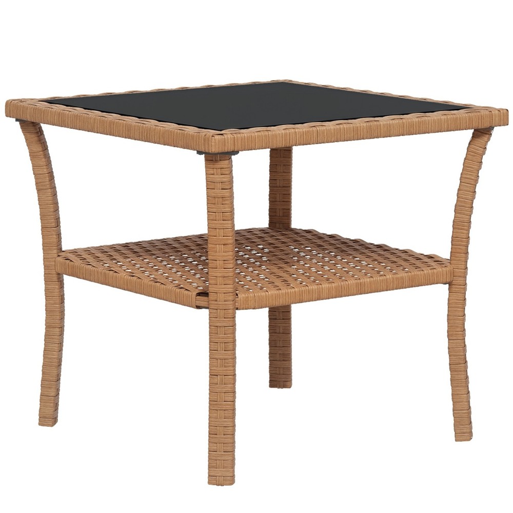 Outsunny Patio Wicker Coffee Table w/ Two-tier Design, Side Table, Sand