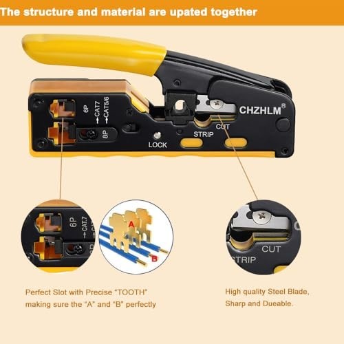 Ethernet Crimping Tool Kit - RJ45 Pass-Through Crimper, Cable Tester, Stripper,