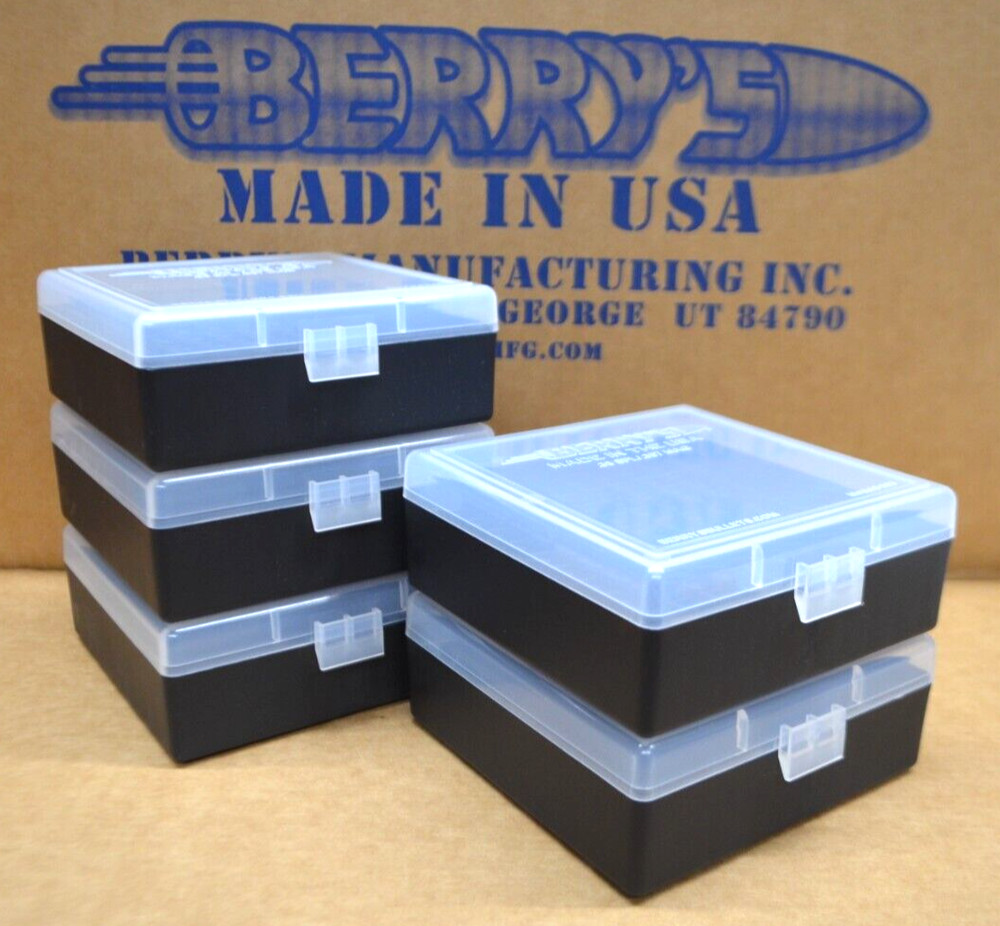 5 x 38 / 357 BERRY AMMO BOXES 100 ROUND PLASTIC AMMO STORAGE  CLEAR / BLACK)