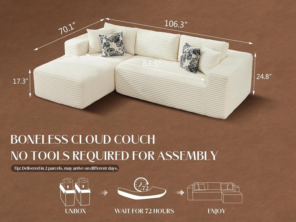 L Shaped Corduroy Cloud Couch Compression Boneless Sofas with 4 Lumbar Pillows