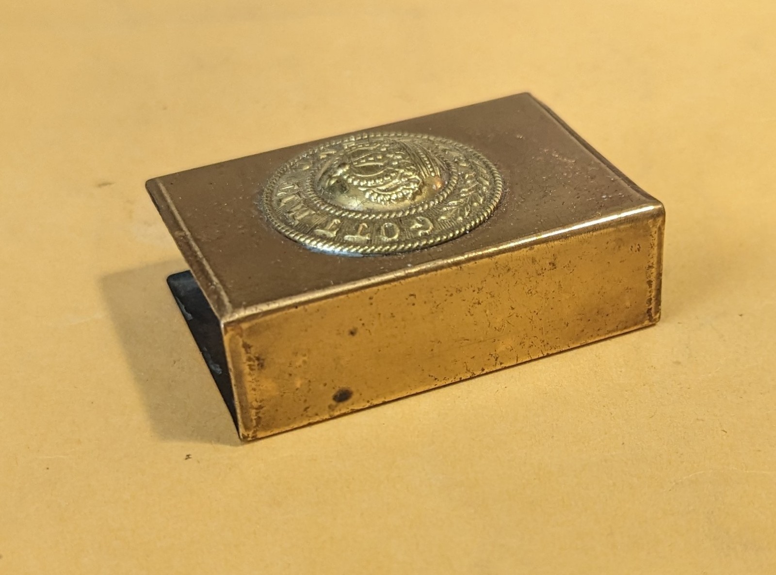 ***ANTIQUE WWI ERA GERMAN BRASS MATCHBOX HOLDER...GOTT MIT UNS