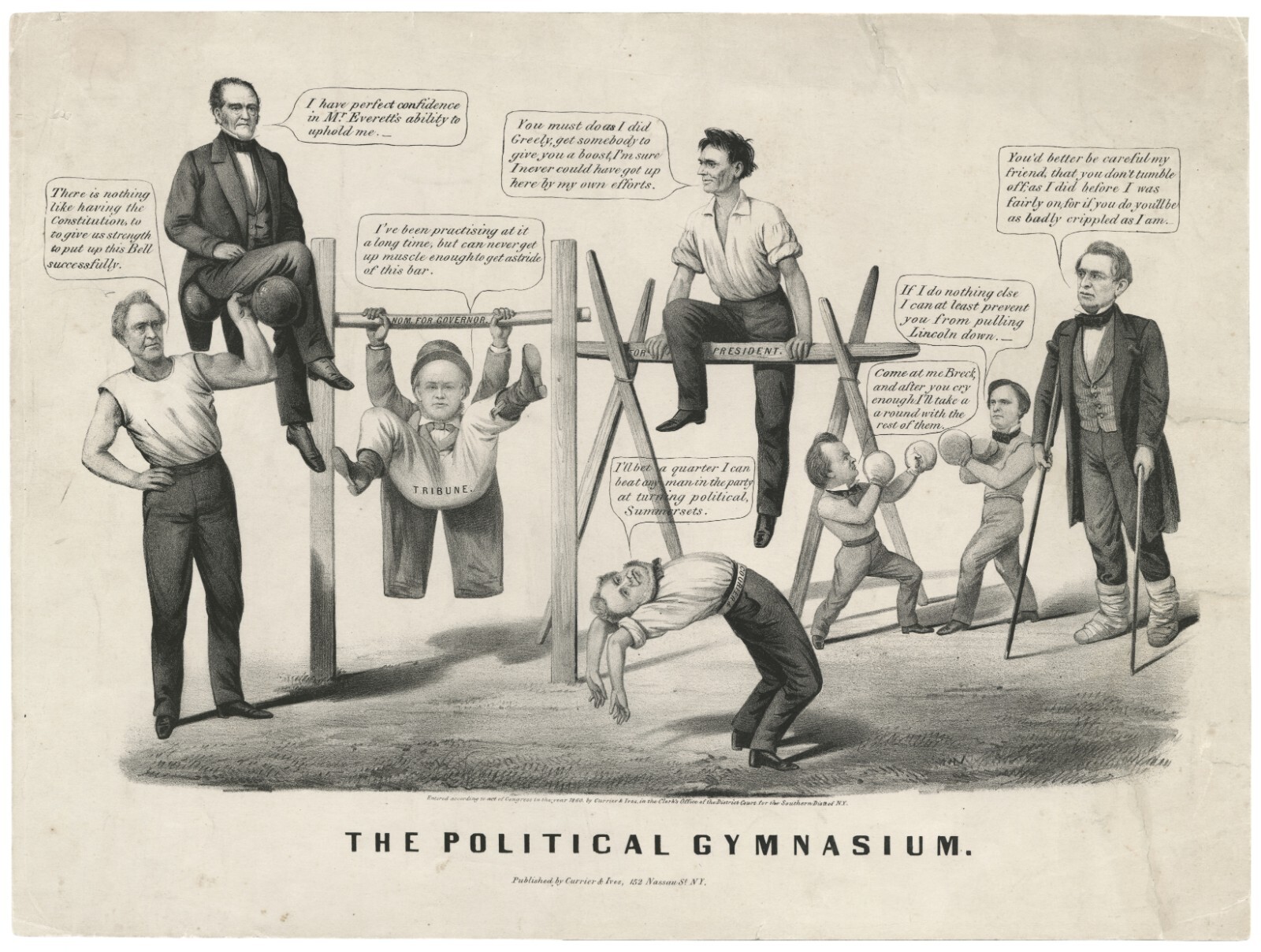 Iconic 1860 Currier & Ives Cartoon THE POLITICAL GYMNASIUM Abraham Lincoln Litho
