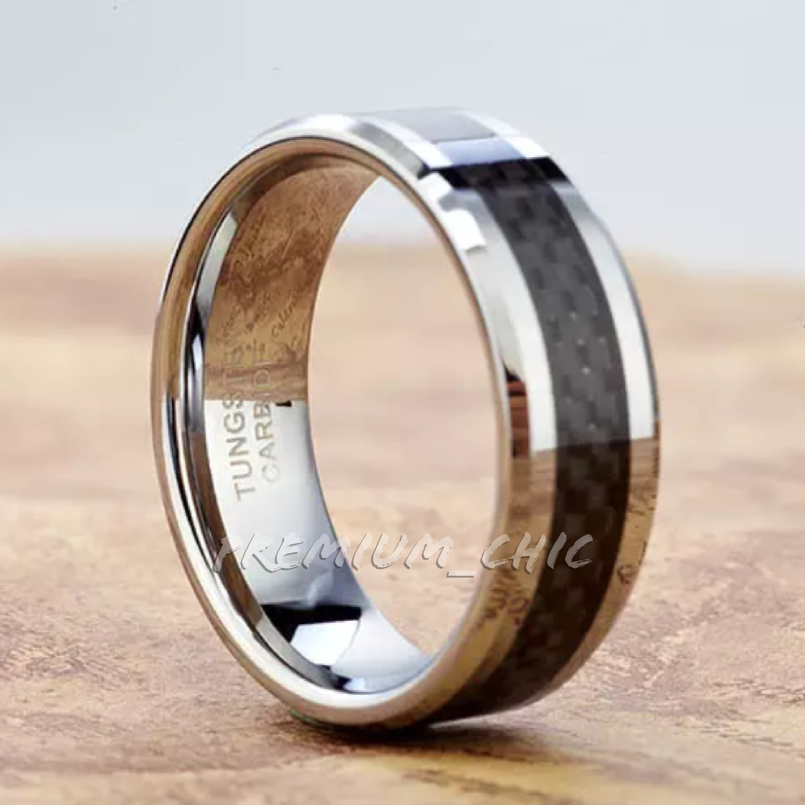 Tungsten Carbide Wedding Band Men's Engagement Ring Black Carbon Fiber Silver