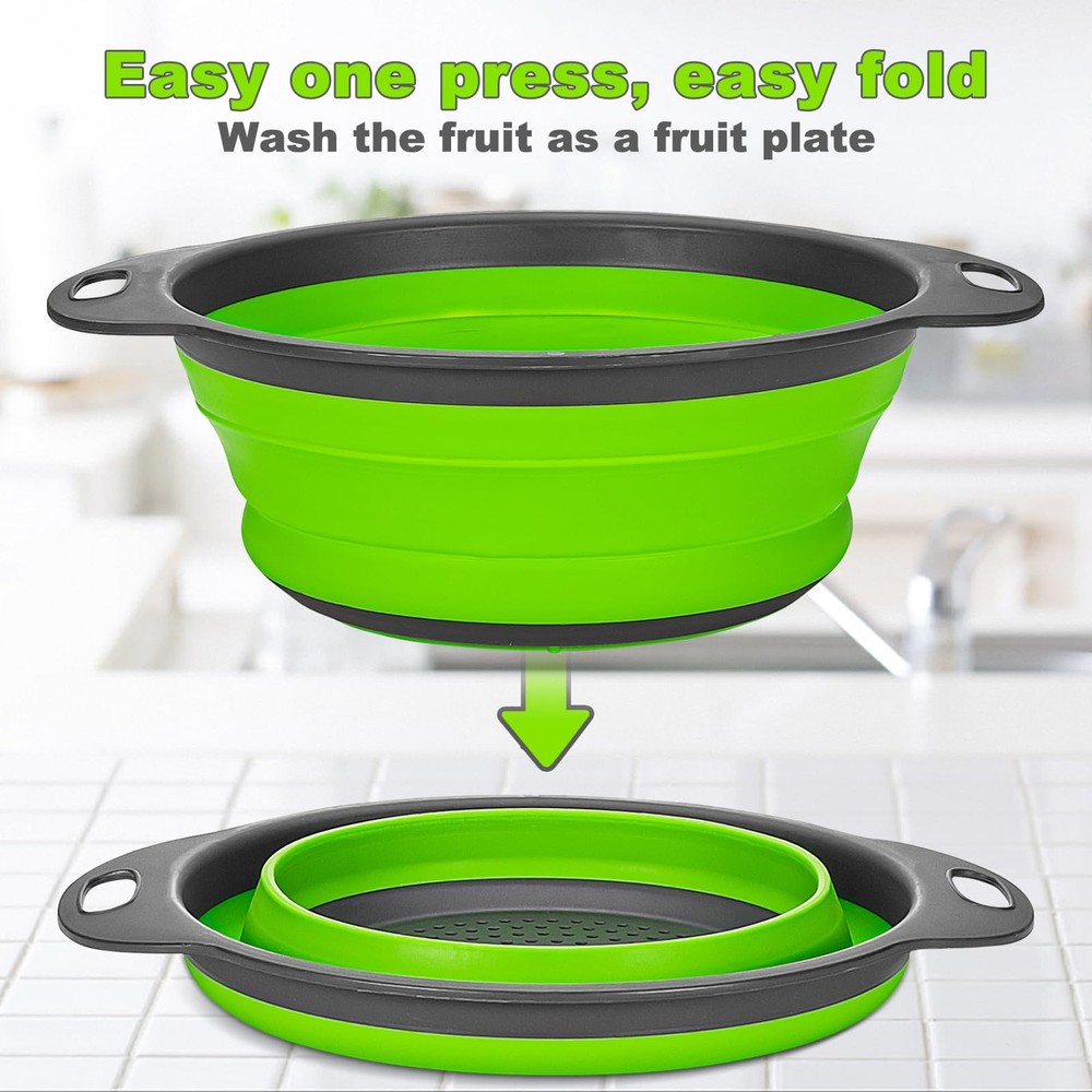 2 Pack Green Collapsible Silicone Colanders, Round Kitchen Strainer Set