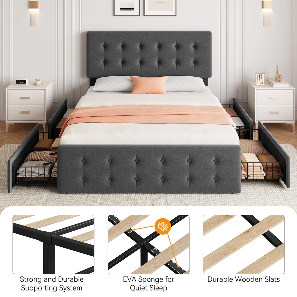 Full Size Bed Frame & Headboard Upholstered Platform w/4 Storage Drawers Modern