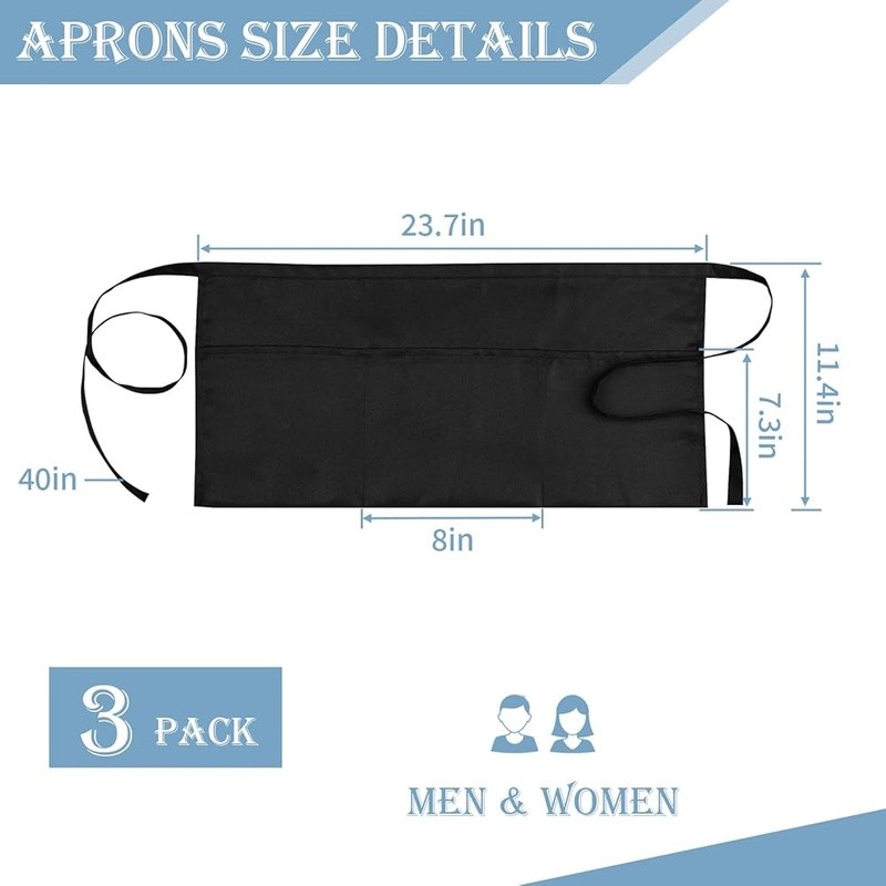 3 Pack Server Apron W/ Large Pockets Durable Polyester Kitchen Workwear New