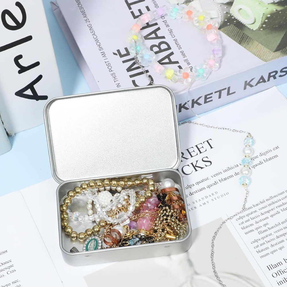 Hinged Lid Rectangular Small Metal Storage Tin Box Silver Portable Container