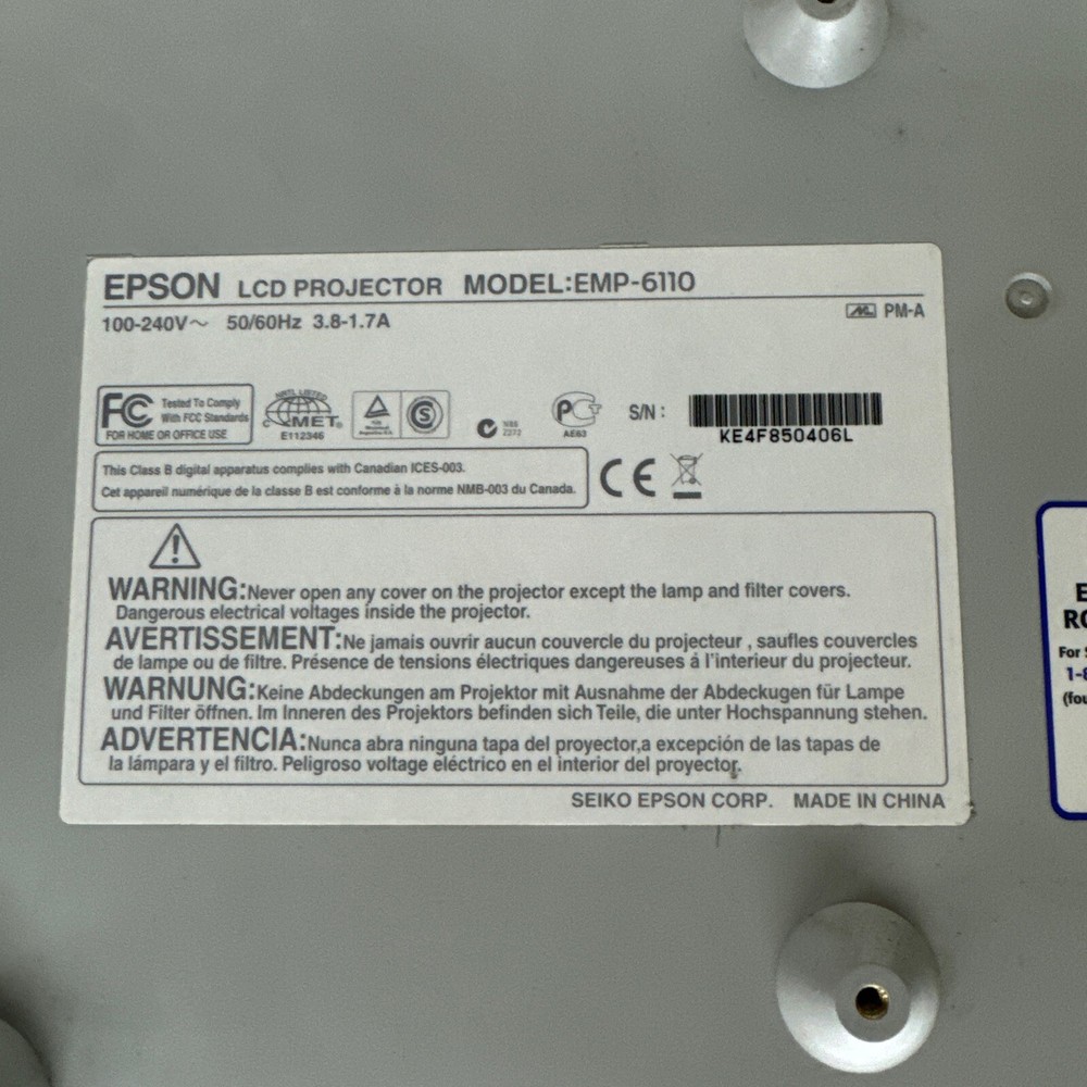 Epson PowerLite 6110i Projector LCD 3500 Lumens Variable Projector +Lamp & Cable