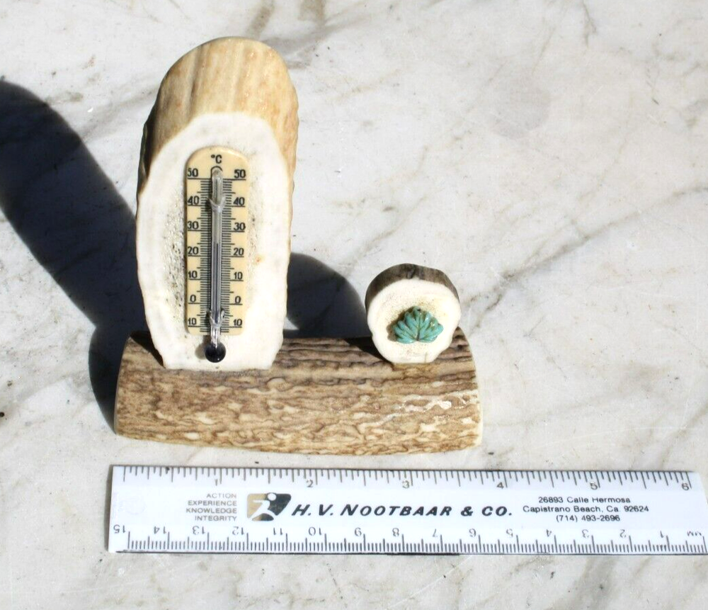 Vintage Antler Bone Thermometer Celsius with Turquoise Leaf