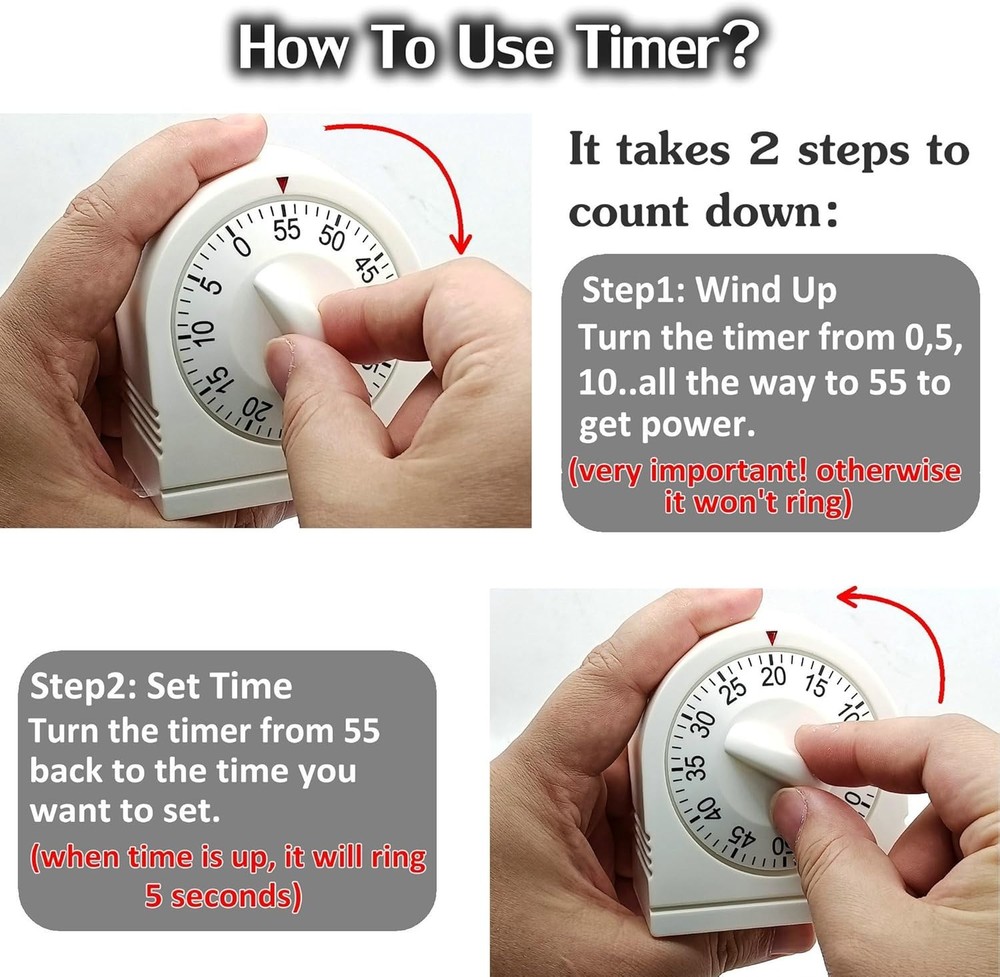 60 Minute Wind Up Mechanical Timer with Loud Alarm Manual Countdown Clock