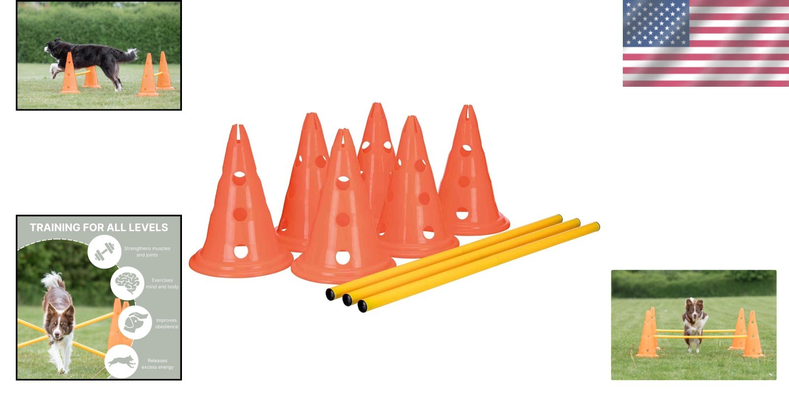 Complete Dog Agility Hurdle Set - 6 Cones, 3 Adjustable Rods, Training Tips