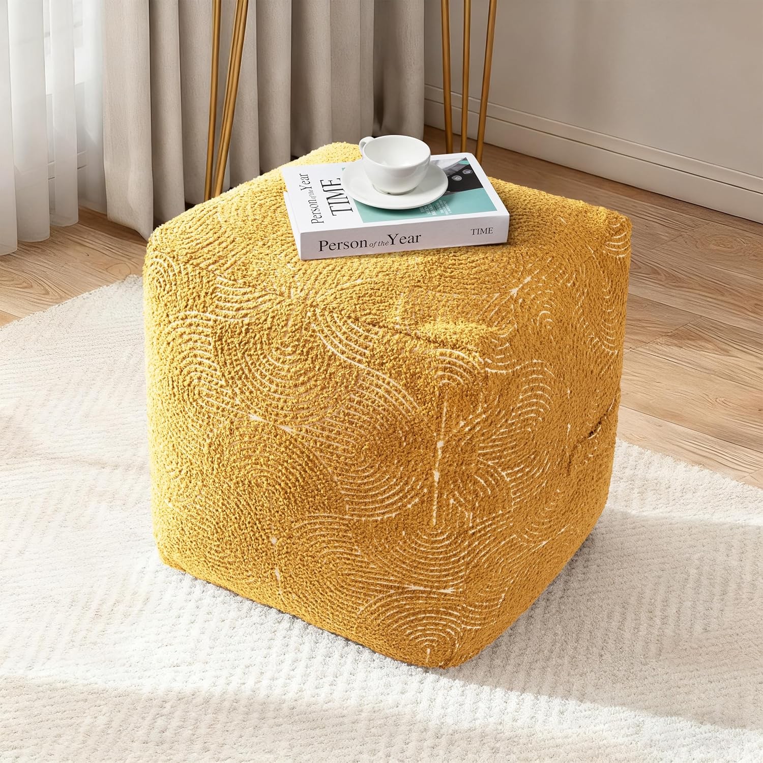 Unstuffed Boho Textured Pouf Cover Organic Modern Mid Century Rainbow Tufted