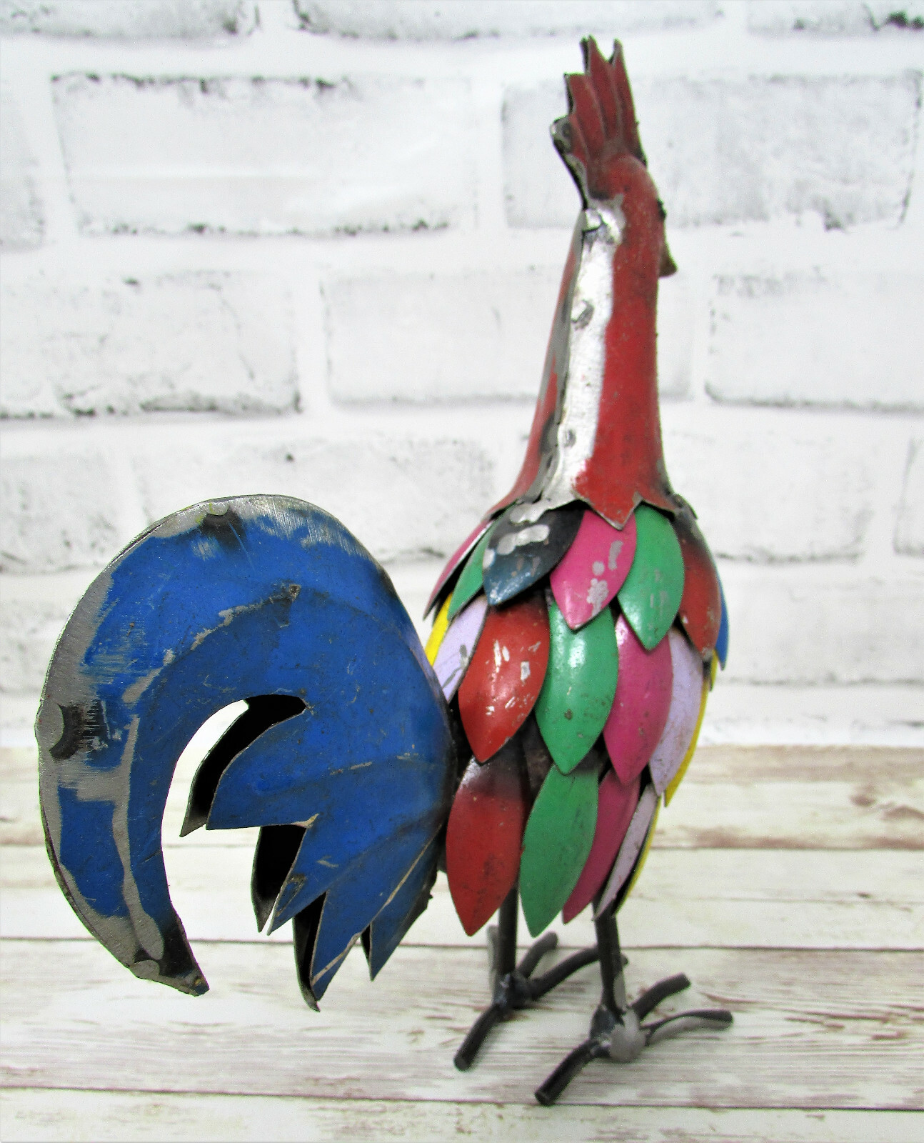 Rustic Small 9 Inch Tall Repurposed Scrap Metal Rooster Chicken Statue Home Farm