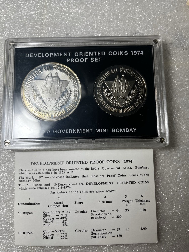 1974 India Development Oriented Proof Silver 2 Pc 50 & 10 Rupee Coins Set +Box
