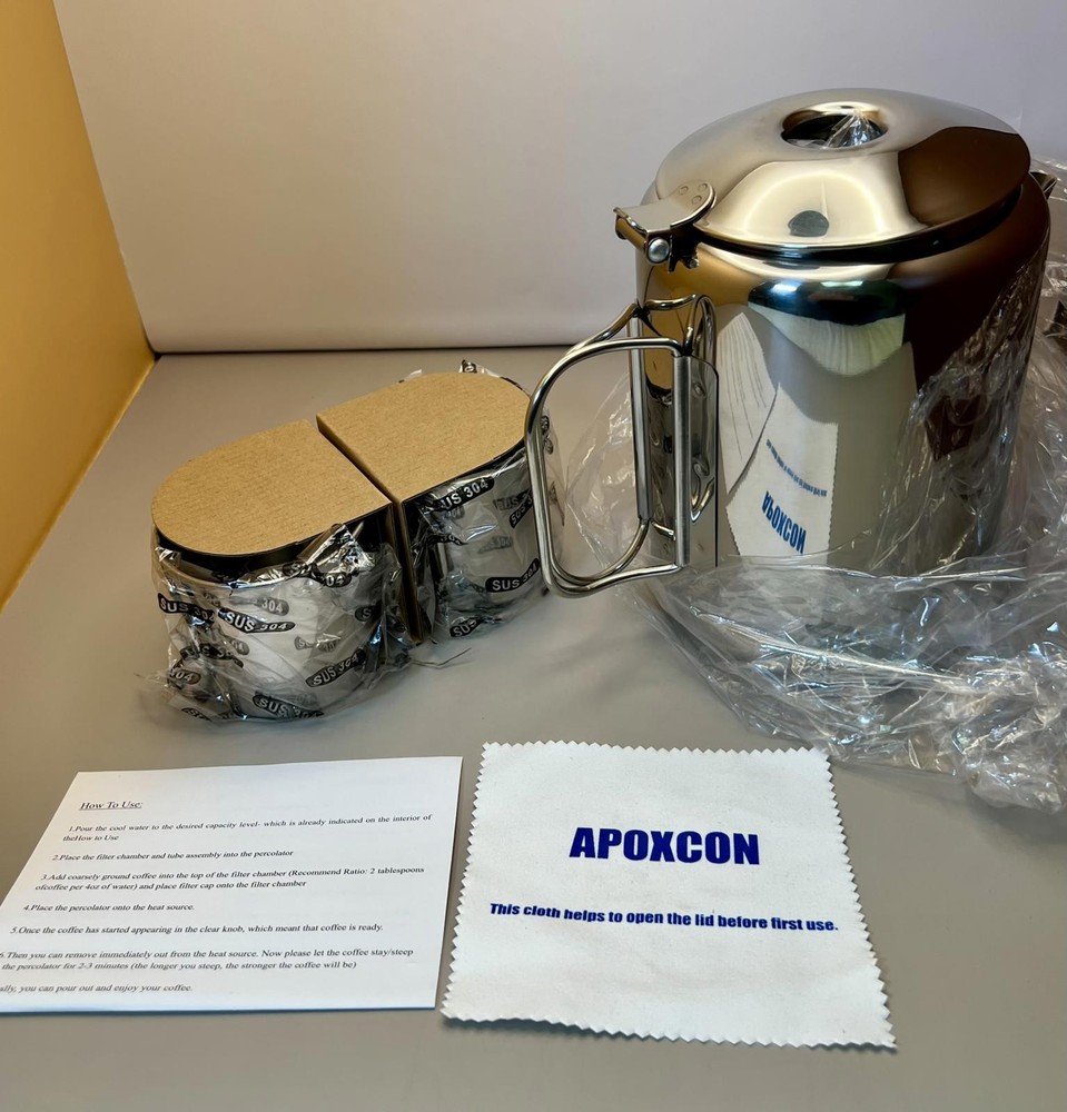 Coffee Percolator Set - 8 Cup Foldable Handle w/ 2 Foldable Handle Mugs