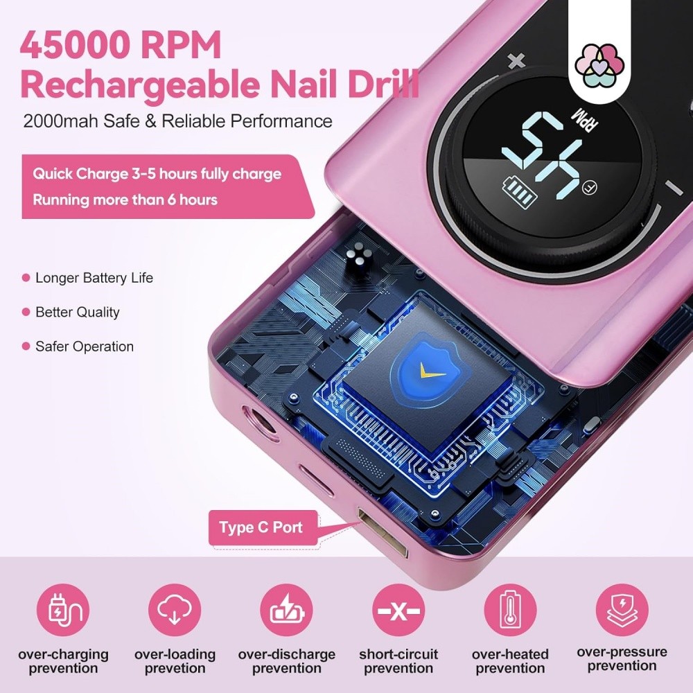 Rechargeable Electric Nail Drill Machine 45000RPM Portable Low Noise Sander File