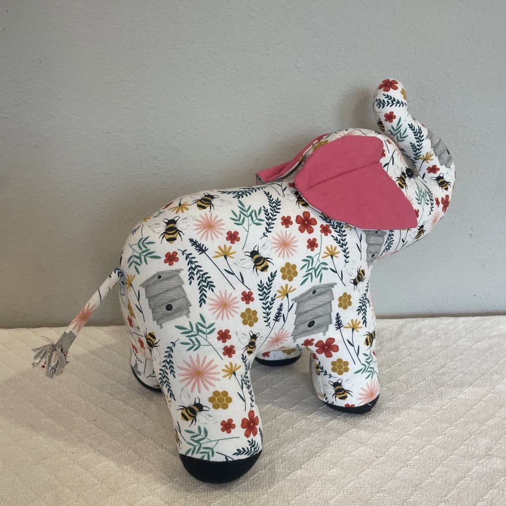 Handmade Bumblebee Print Springtime Elephant! Stuffed Cotton