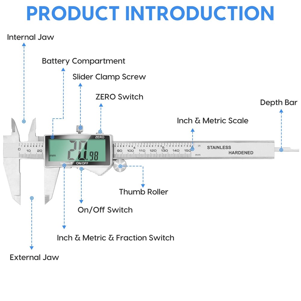 Digital Caliper, 6 Inch Caliper Tool with Extra Large LCD Screen, Auto-Off Fe...