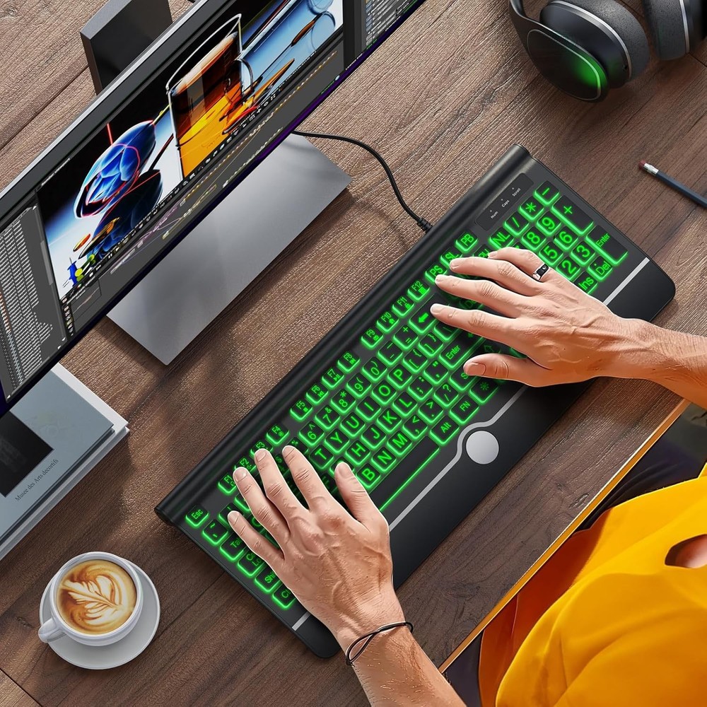 Large Print Backlit Computer Keyboard, USB Full Size Wired large print, black