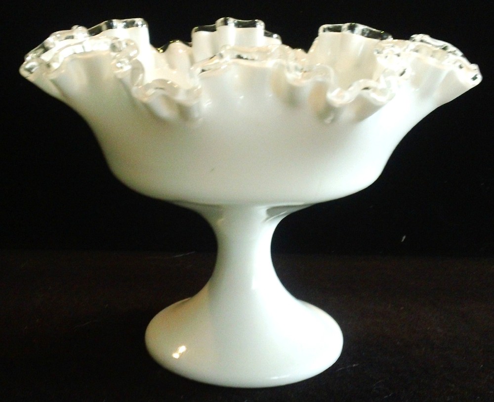 VtgFenton Silver Crest 6” White Milk Glass Footed Flared Ruffled Comport Compote