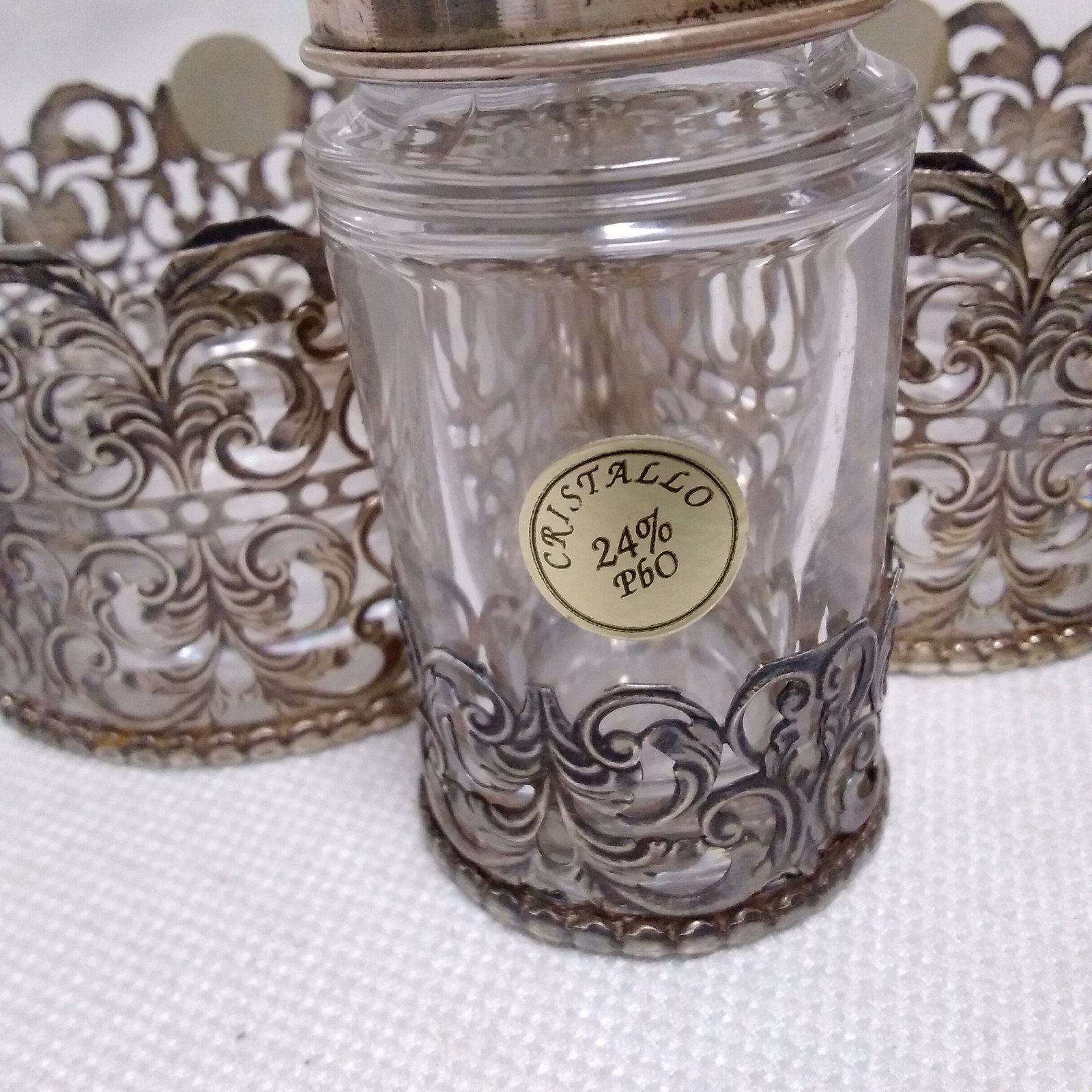 Italian 925 Cutout Sterling Silver and Fine Crystal Vessels Condiment Caddy