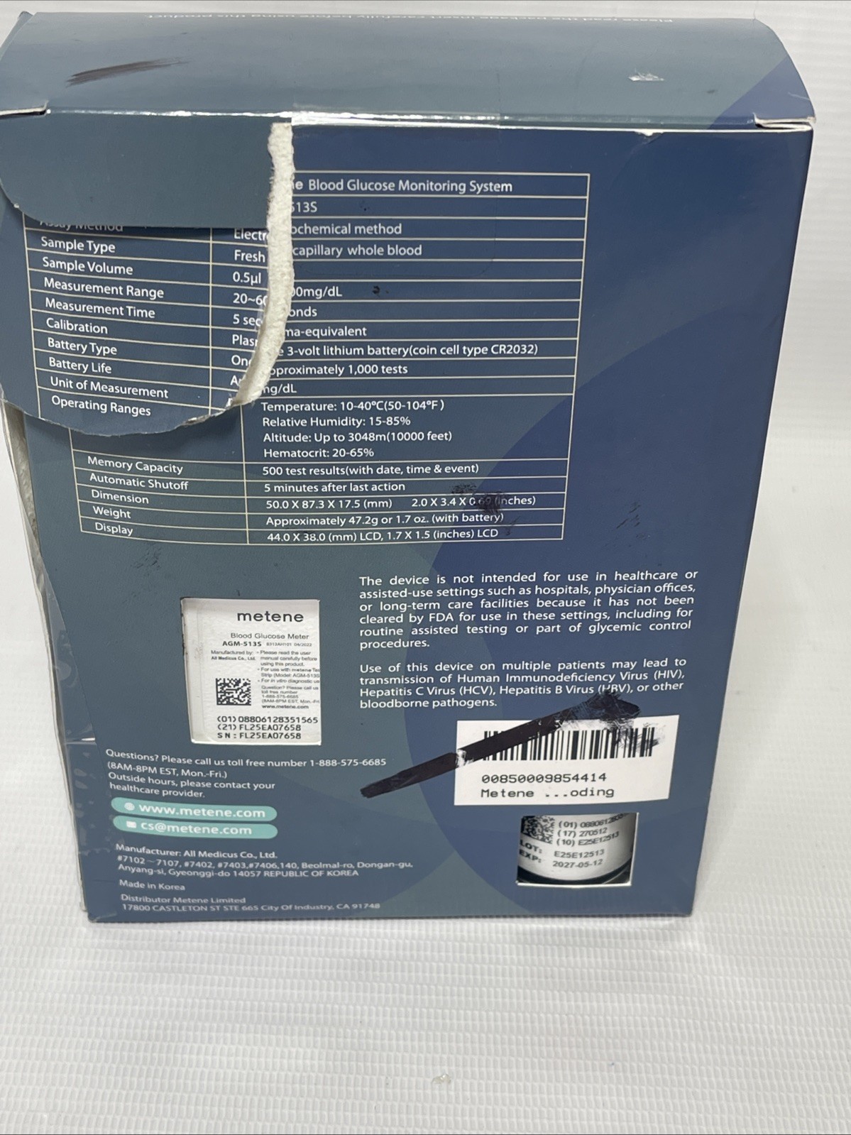 Metene AGM-513S Blood Glucose Monitor System Kit Damaged Box Exp 05/2027 Strips