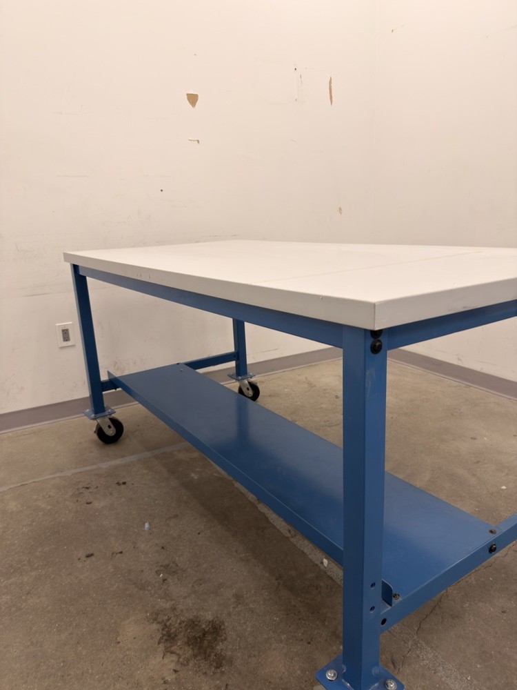 White Blue Mobile Work Bench Wheels Shelf Metal Plastic Worktop