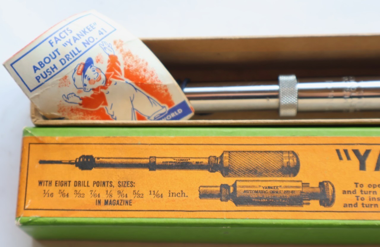 North Bros "YANKEE" No. 41 Push Drill + 8 Bits + Box + Insert / NOS / MT Tools