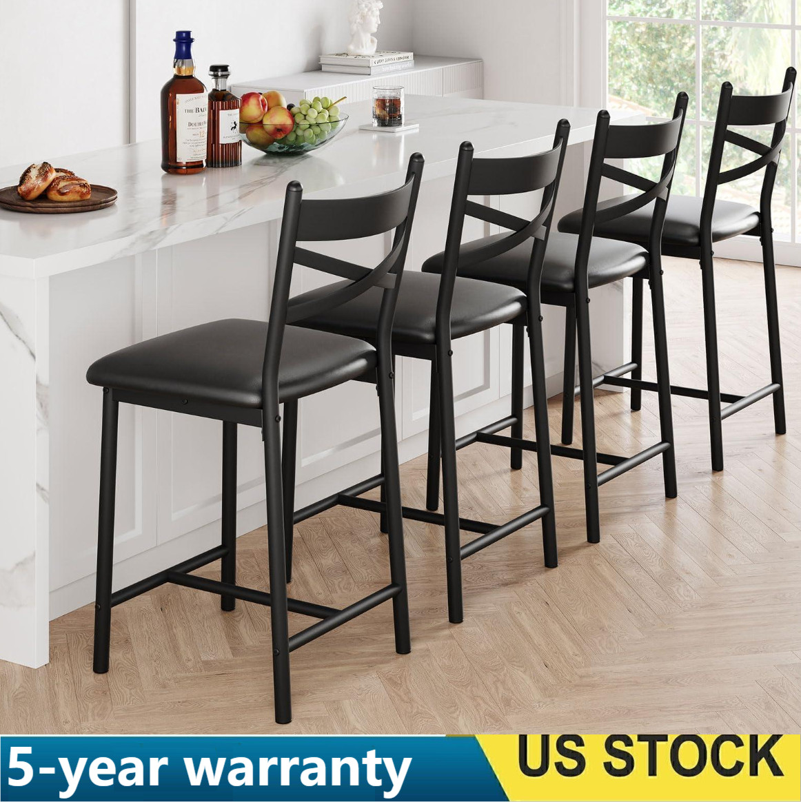 Set of 4 Counter Height Stools with Metal Frame Ergonomic Pu Leather Bar Stools