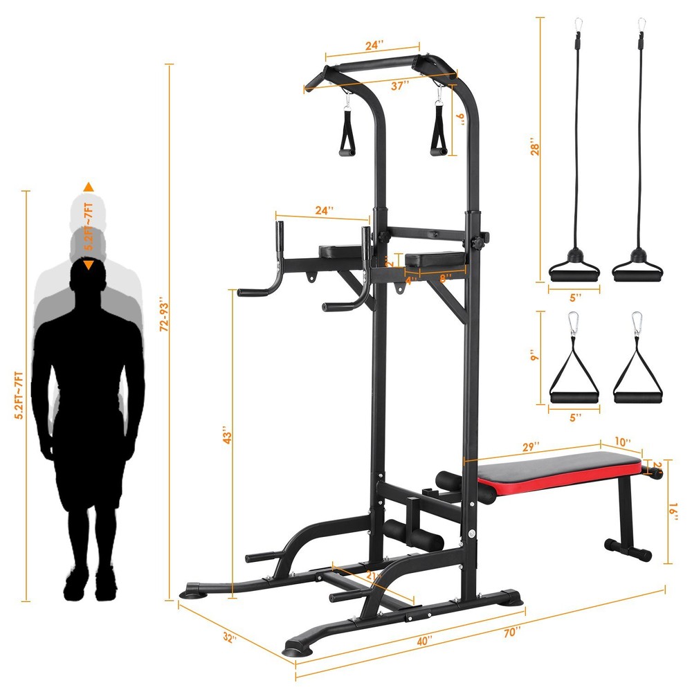 Power Tower with Bench Pull Up Bar Dip Station Gym Strength Training Adjustable