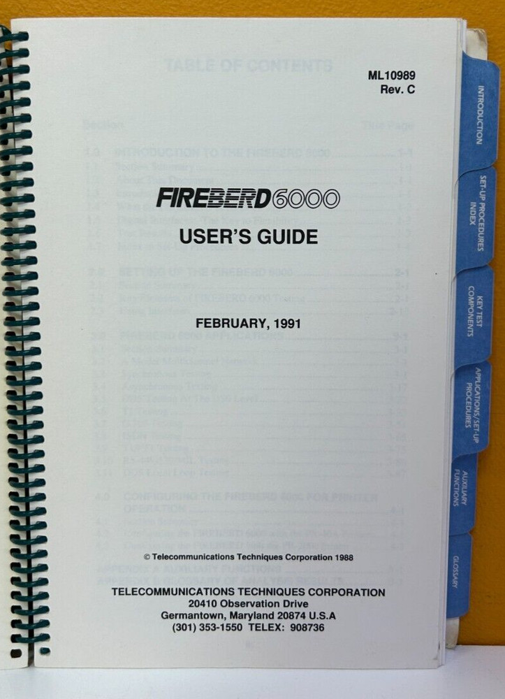 TTC / Dynatech ML10989 1991 Fireberd6000 Communications Analyzer User's Guide.