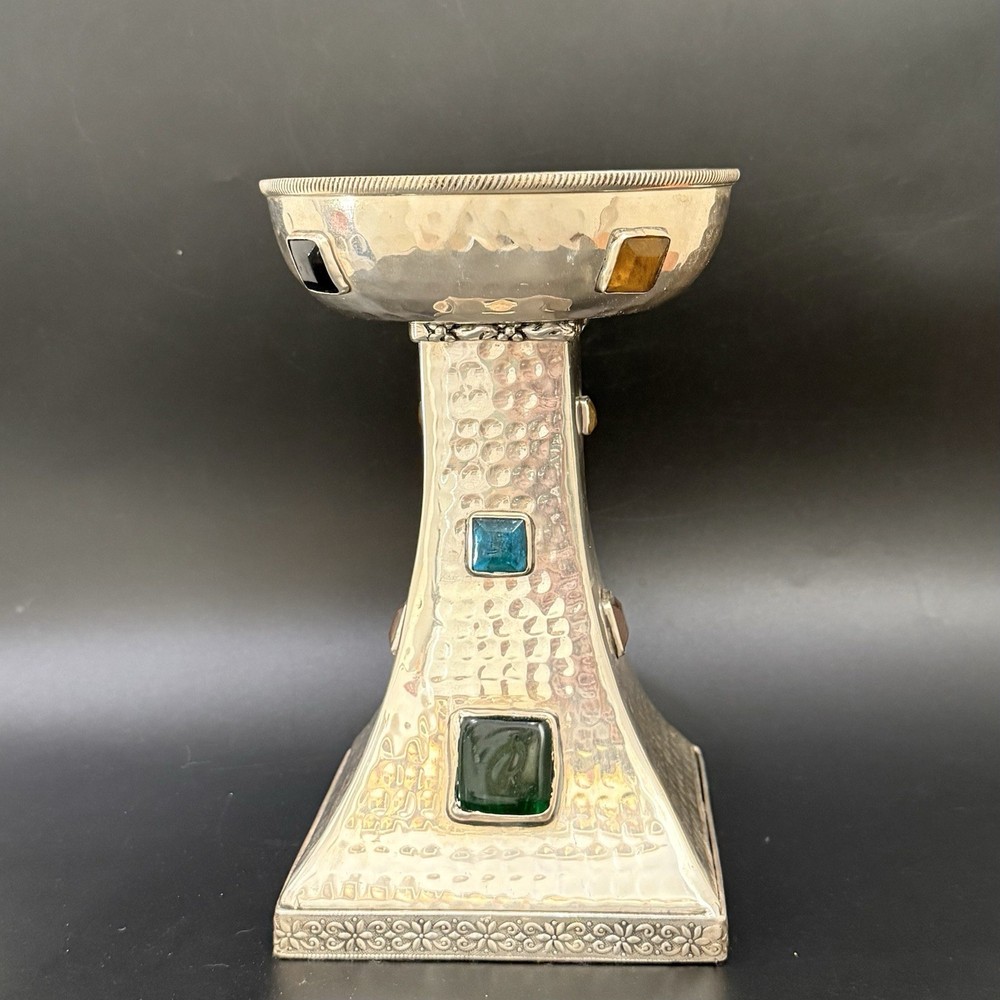 Vintage Hammered Silver Plated Bejeweled Cabochon Decorative 8” Candle Holder