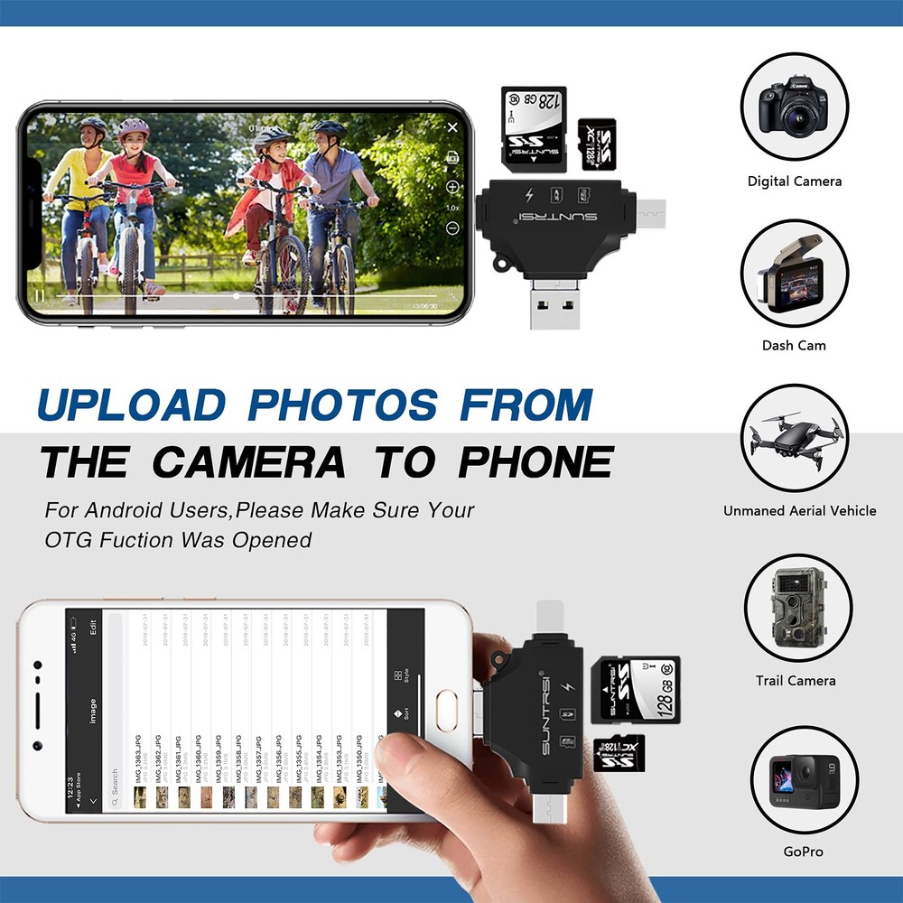 4 in 1 SD Card Reader for iPhone ipad Android Mac PC Camera,Micro black