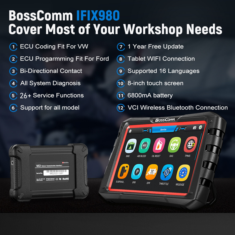 BOSSCOMM IFIX980 Bi-directional Scanner OBD2 Car Code Reader Coding Programming