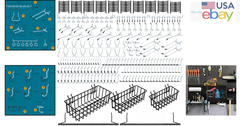 Heavy-Duty Pegboard Hook Set with Baskets for Garage and Workshop Organization