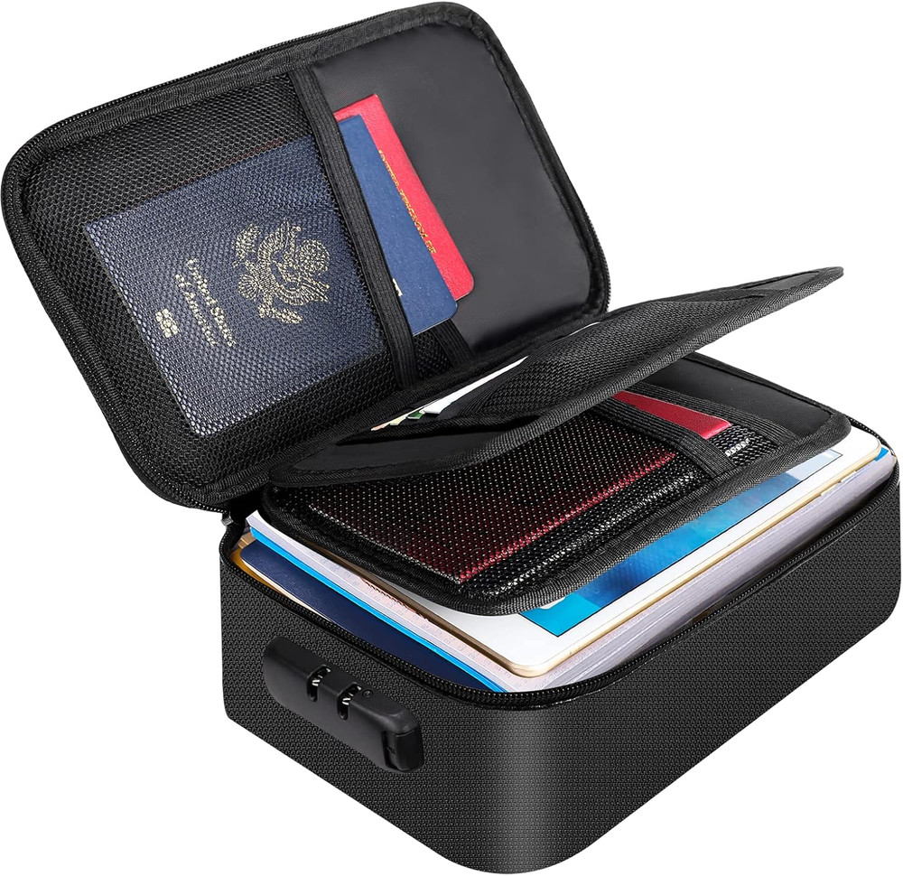 Small Fireproof Storage Organizer Case with Lock(9”x 5.3”x 3.7”), 3-Layer Soft M
