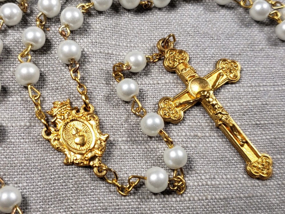 Vintage Rosary Prayer White Beads Religious Christian B74