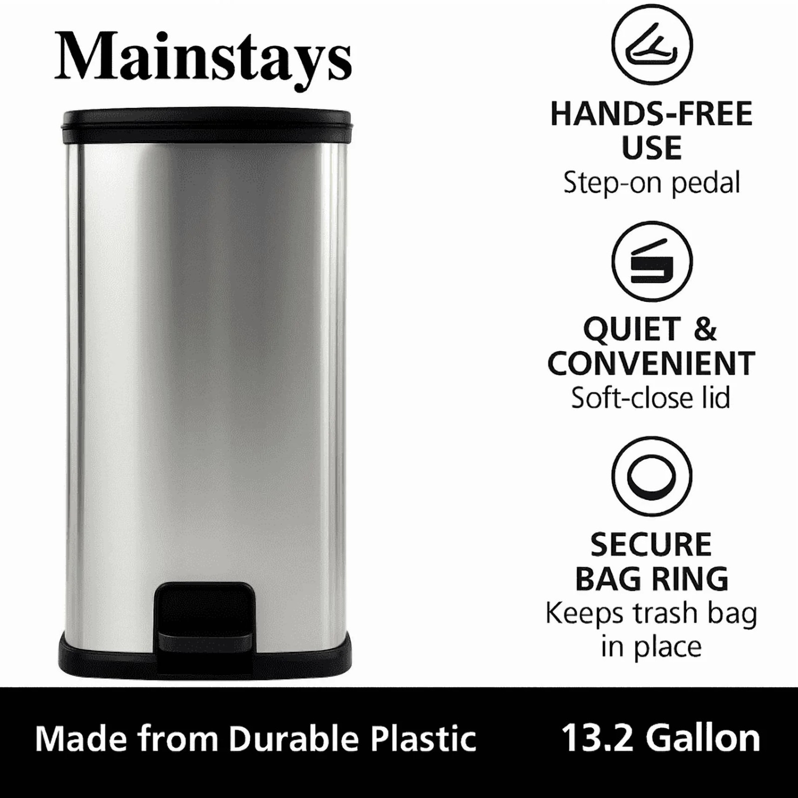 Kitchen Trash Can, 13.2 Gallon Plastic Step Garbage Bin with Lid, Silver