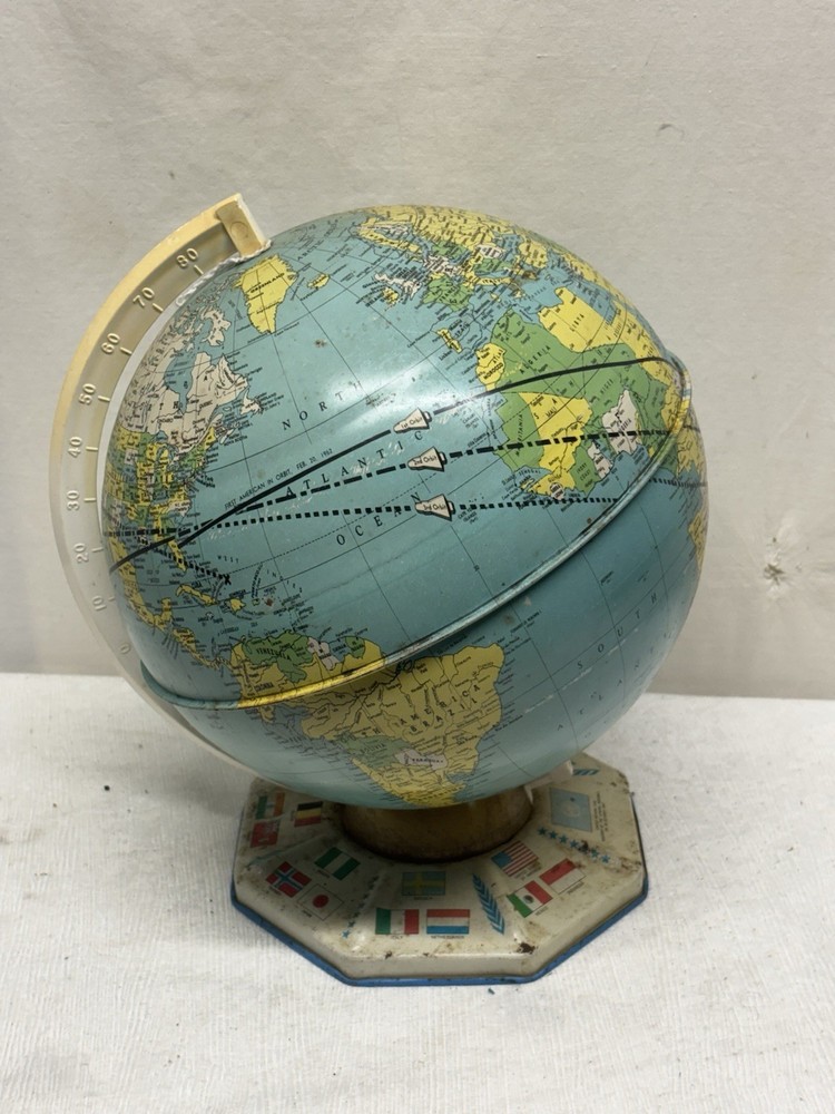 Vintage 9” Tin J Chein & Co Space Flight Countries Flags