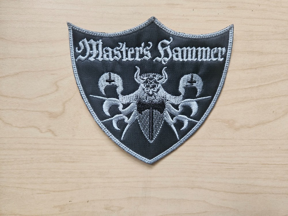 MASTER'S HAMMER, SEW ON SILVER WITH SILVER BORDER EMBROIDERED PATCH