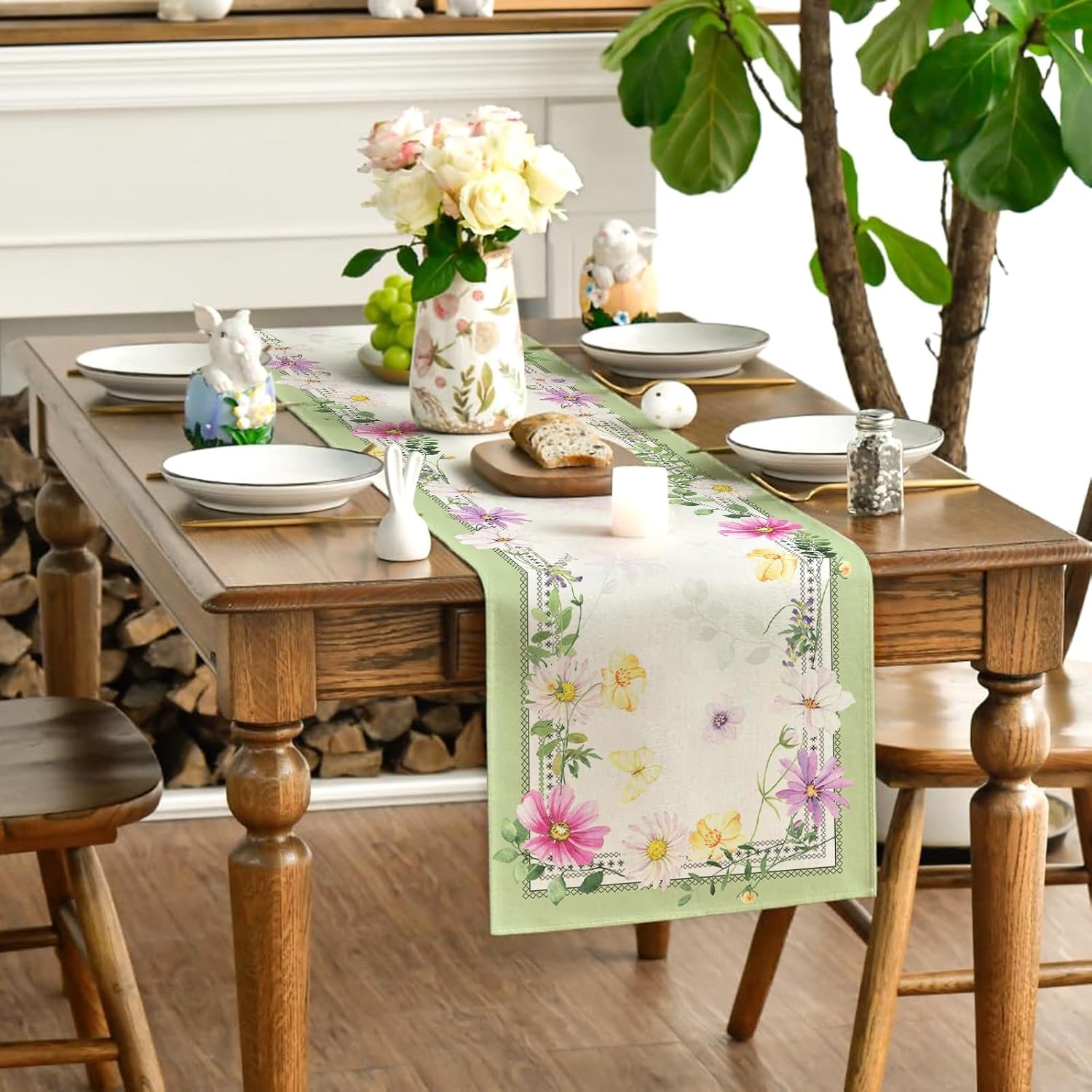 Farmhouse Spring Table Runner Flower Floral Table Cover Pastel Green Leaf Decor