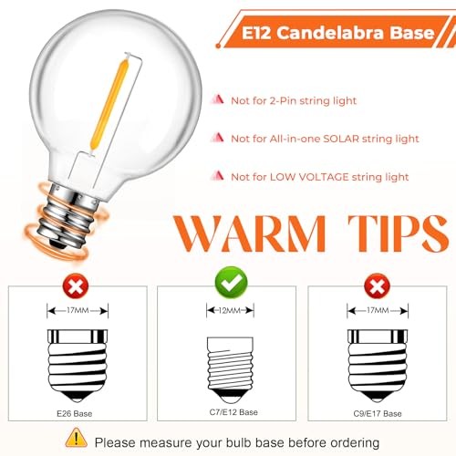 LED G40 Replacement Bulbs for String Lights, Shatterproof 50 Pack Warm White