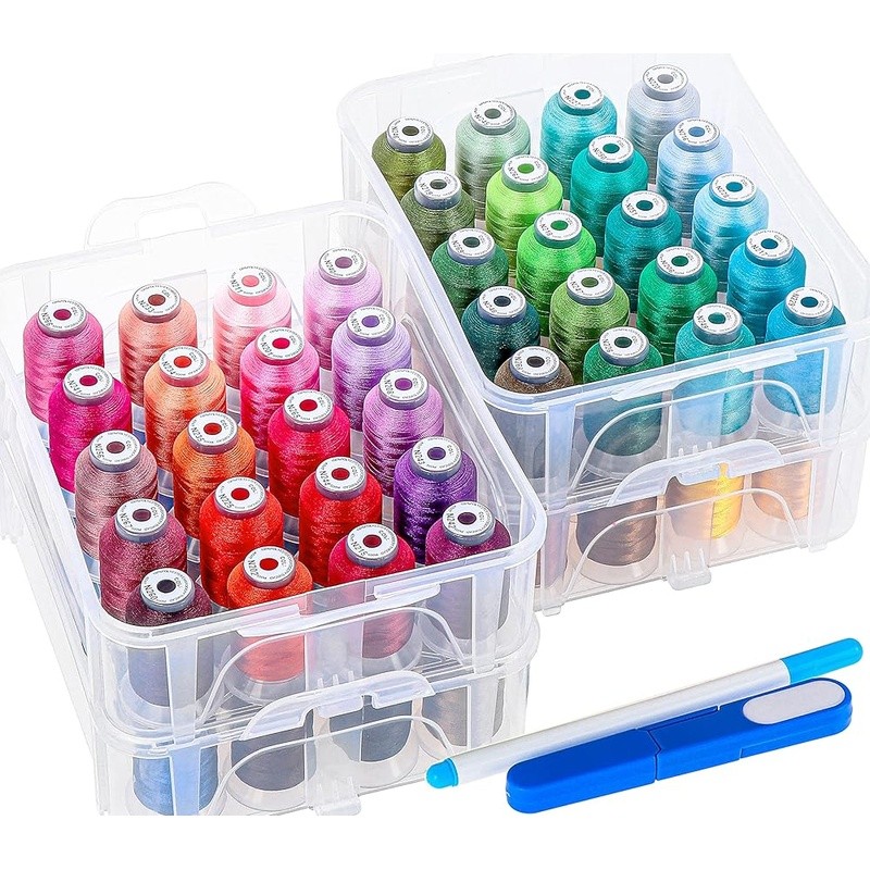80 Spools Polyester Embroidery Thread W/ Clear Storage Box & Yarn Snips New