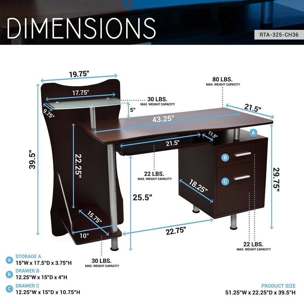 Techni Mobili Stylish Computer Desk Workstation w/ Multiple Shelves and Drawers