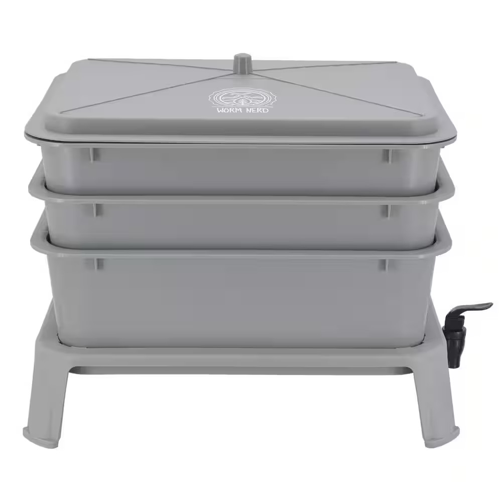 Jaylen Worm Nerd Large Gray 4-Tray Worm Composting Bin Kit with Coco Coir Brick
