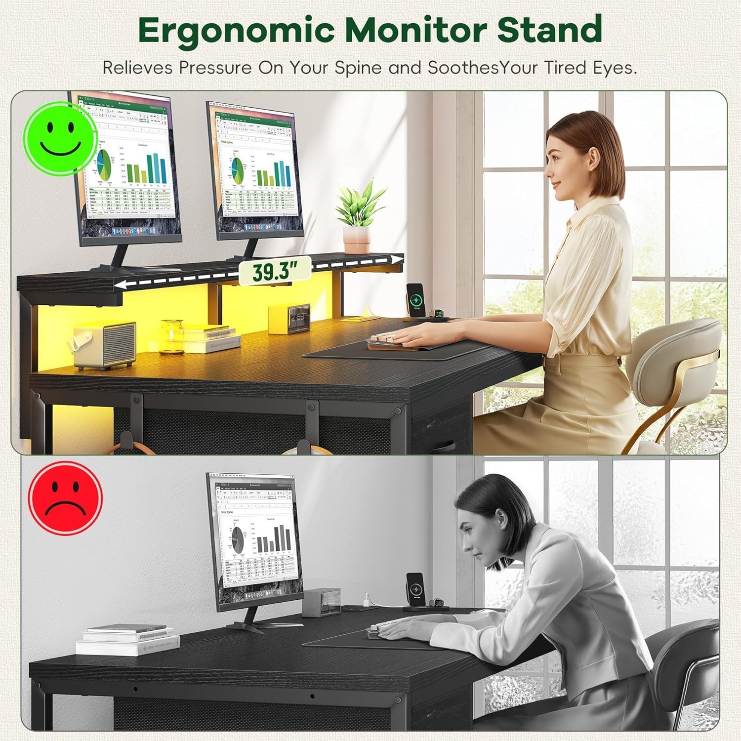 39.3Inch Office Desk with Power Outlet & Drawer, Gaming Desk with CPU Stand& LED