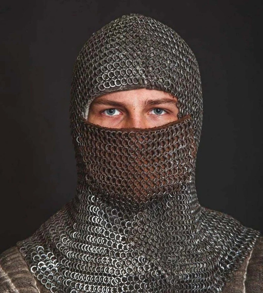 Chain Mail Coif / Hood Flat Riveted Solid Ring Intetrated Coif Leather,Leather A