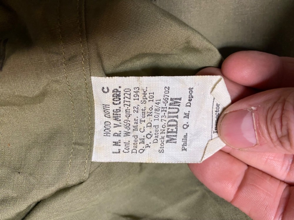 ORIGINAL WWII US ARMY INFANTRY M1941 CLOTH HOOD-MEDIUM, DATED:1943