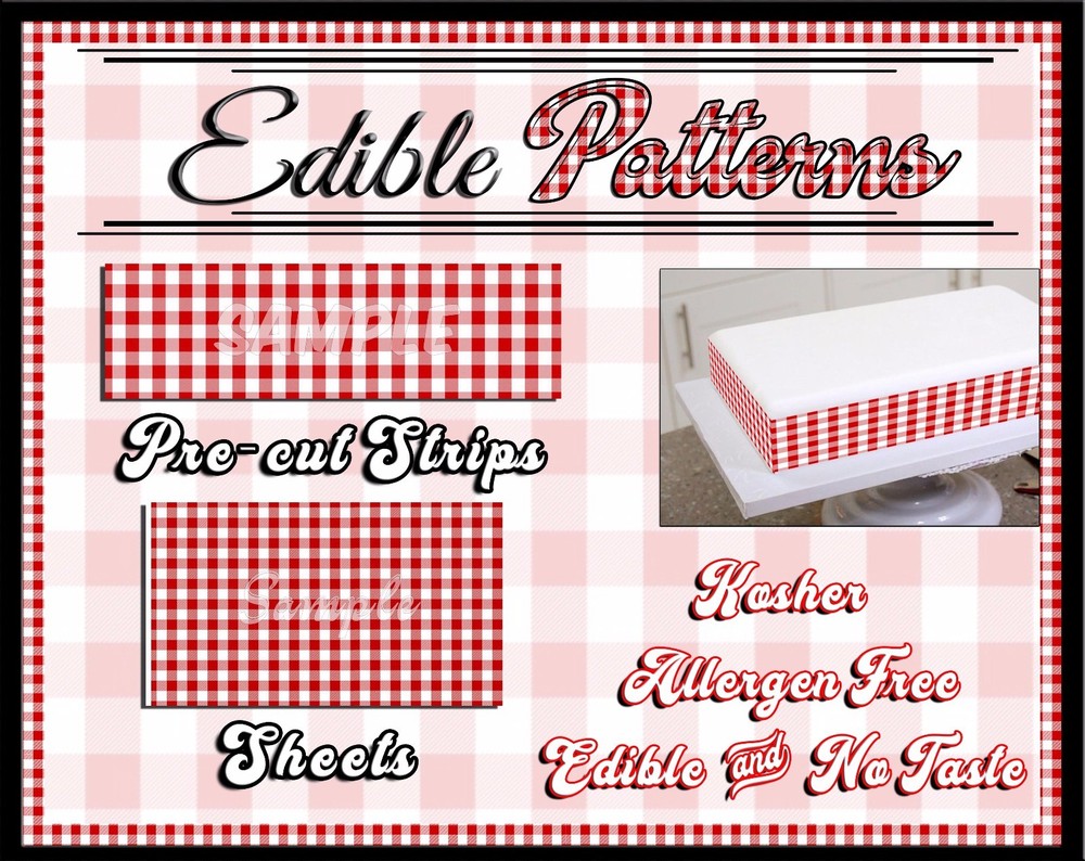 Red gingham pattern Edible Cake Strips Sugar wraps toppers sheet flannel checker